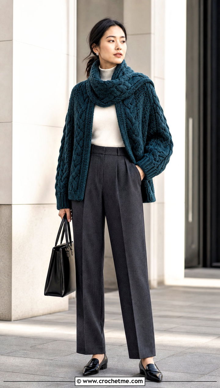 Cable Crochet Sweater Scarf With Sleeves And Tailored Trousers - 25 crochet sweater scarf with sleeves outfit ideas
