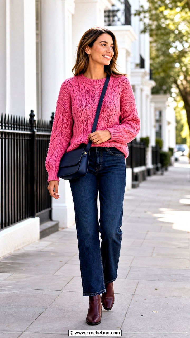 Cable Crochet Sweater Top With Straight Leg Jeans - 35 crochet top with sleeves outfit ideas