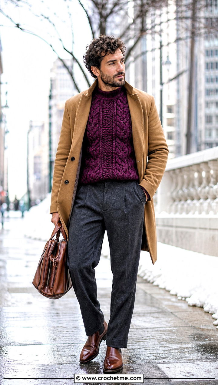Cable Crochet Sweater Top With Wool Trousers - 35 Mens Crochet Top outfit ideas