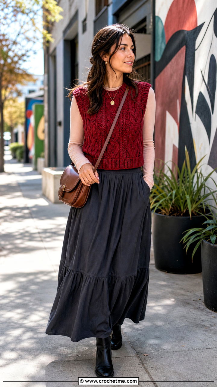 Cable Crochet Sweater Vest With Maxi Skirt - 35 cable crochet sweater outfit ideas