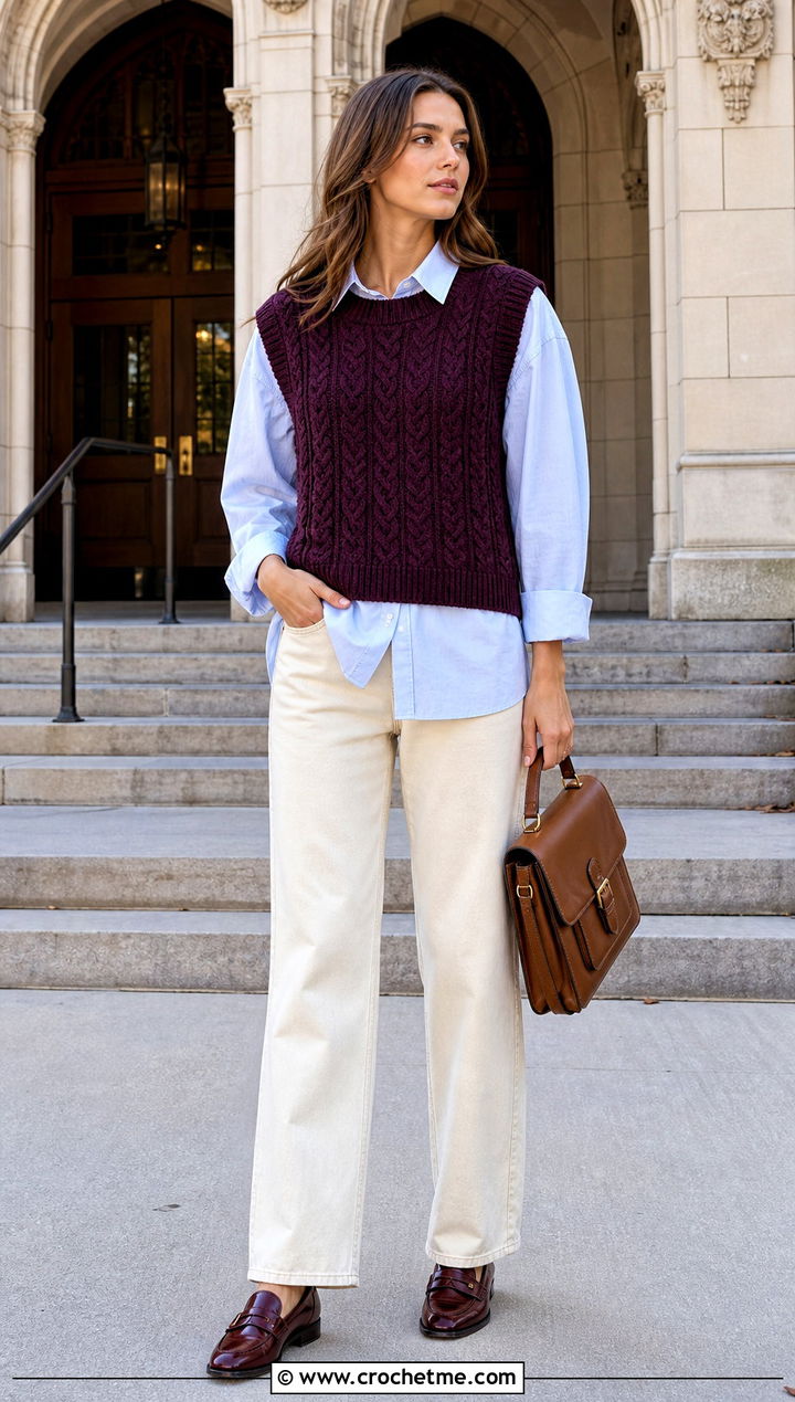 Cable Crochet Sweater Vest With Poplin Shirt And Jeans - 30 crochet cable knit sweater outfit ideas