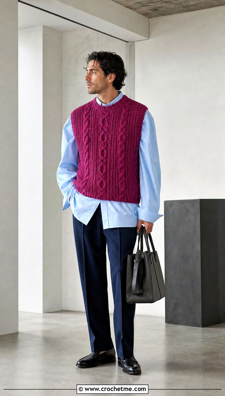 Cable Crochet Sweater Vest With Poplin Shirt And Trousers - 15 Mens Cable Crochet Sweater outfit ideas