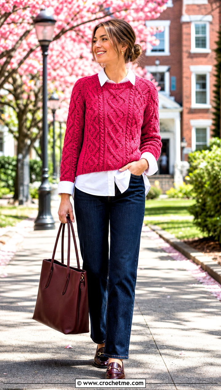 Cable Crochet Sweater With A Poplin Shirt - 30 spring crochet sweater outfit ideas