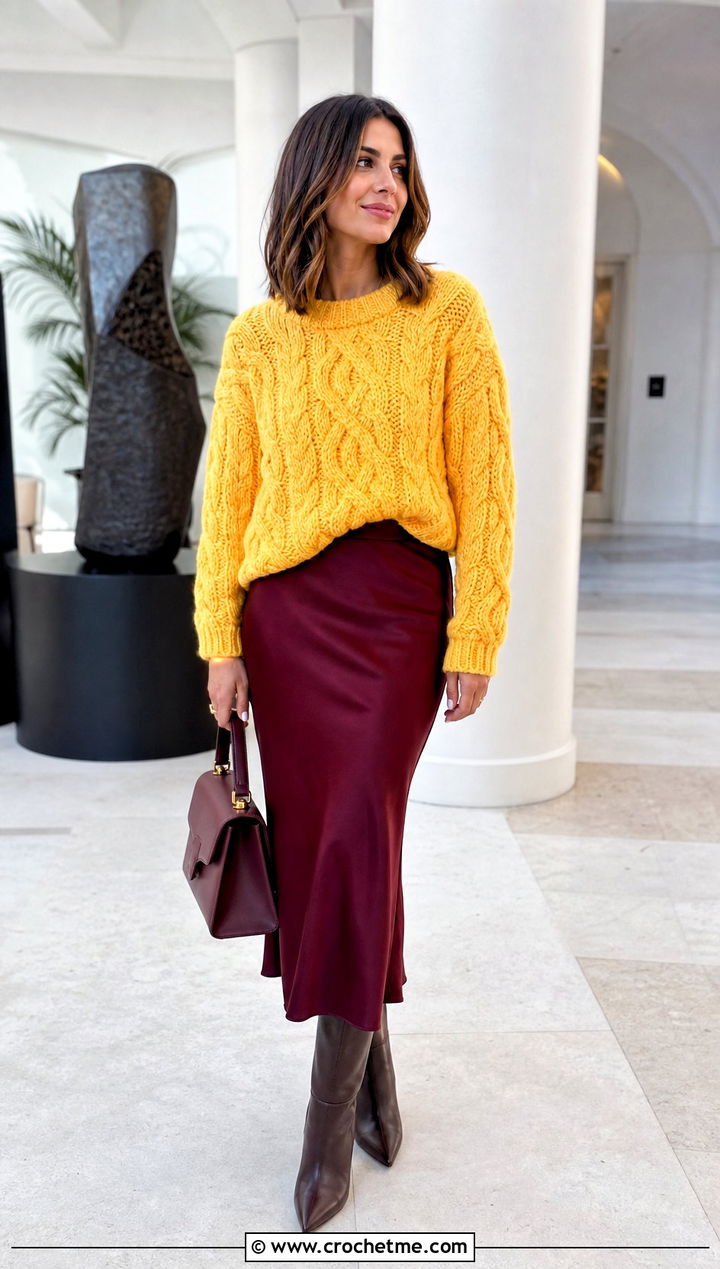Cable Crochet Sweater With Bias Cut Skirt - 25 Fire Crochet Sweater outfit ideas