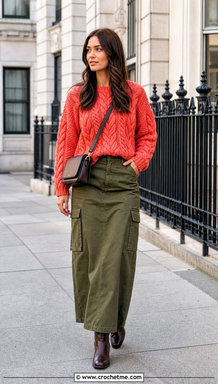 Cable Crochet Sweater With Cargo Maxi Skirt - 25 Womens Crochet Sweater outfit ideas