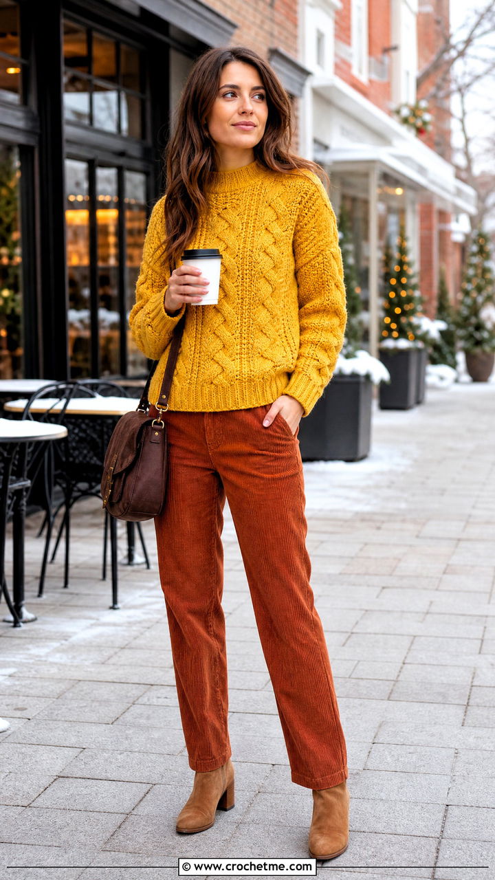 Cable Crochet Sweater With Corduroy Pants - 35 crochet winter clothes and outfit ideas