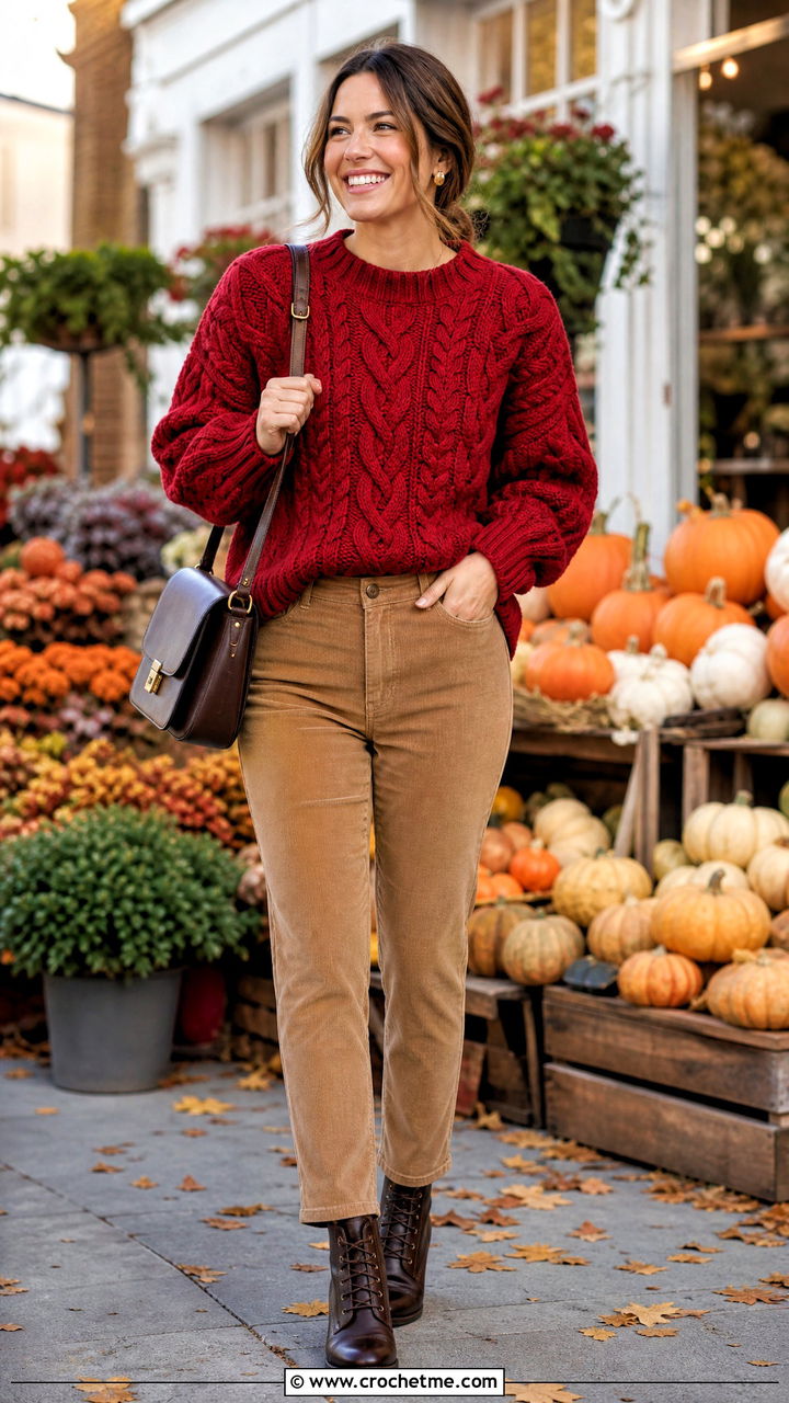 Cable Crochet Sweater With Corduroy Pants - 35 cute crochet sweaters outfit ideas