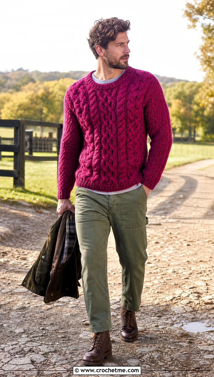Cable Crochet Sweater With Fatigue Pants - 15 Crochet Mens Sweaters outfit ideas