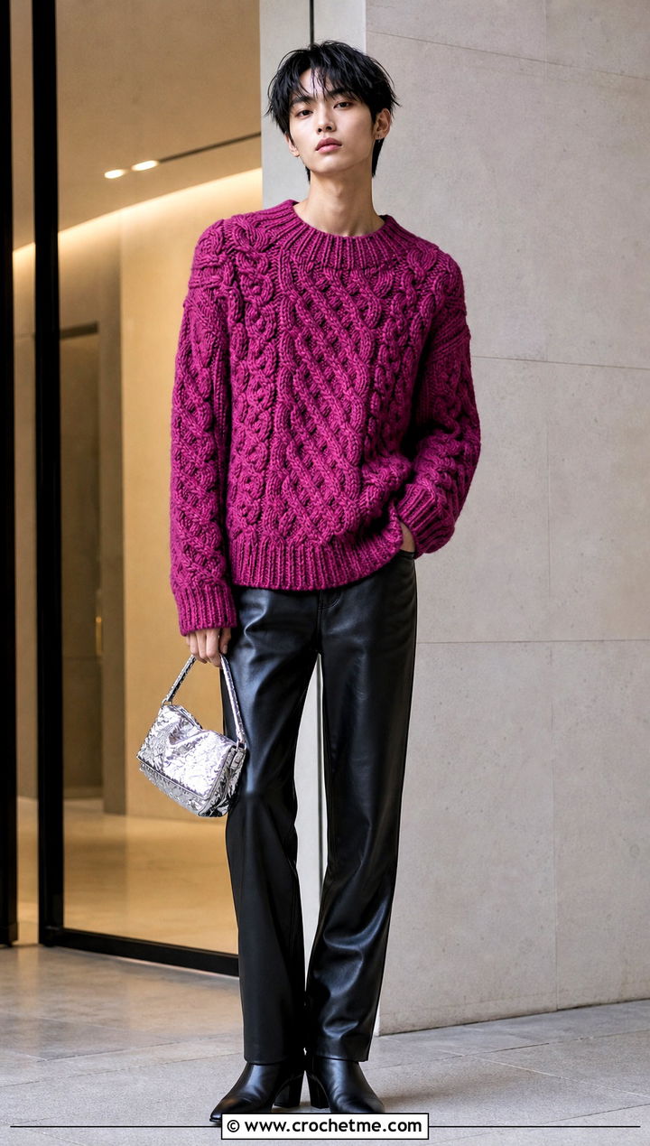 Cable Crochet Sweater With Leather Pants - 25 unisex crochet sweater outfit ideas