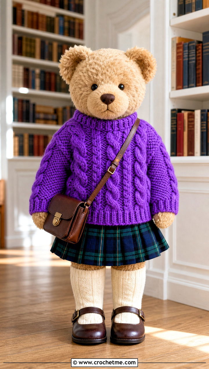Cable Crochet Sweater With Plaid Skirt - 35 crochet teddy clothes and outfit ideas