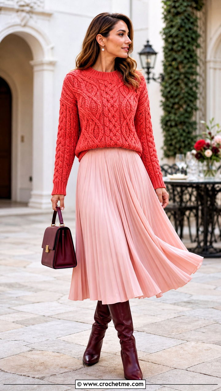 Cable Crochet Sweater With Pleated Midi Skirt - 30 crochet sweater inspiration outfit ideas
