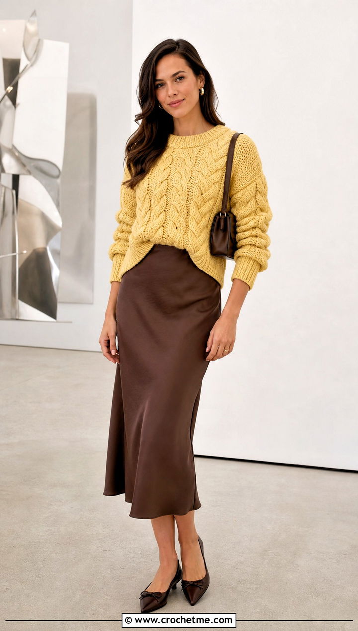 Cable Crochet Sweater With Satin Midi Skirt - 30 knit look crochet sweater outfit ideas
