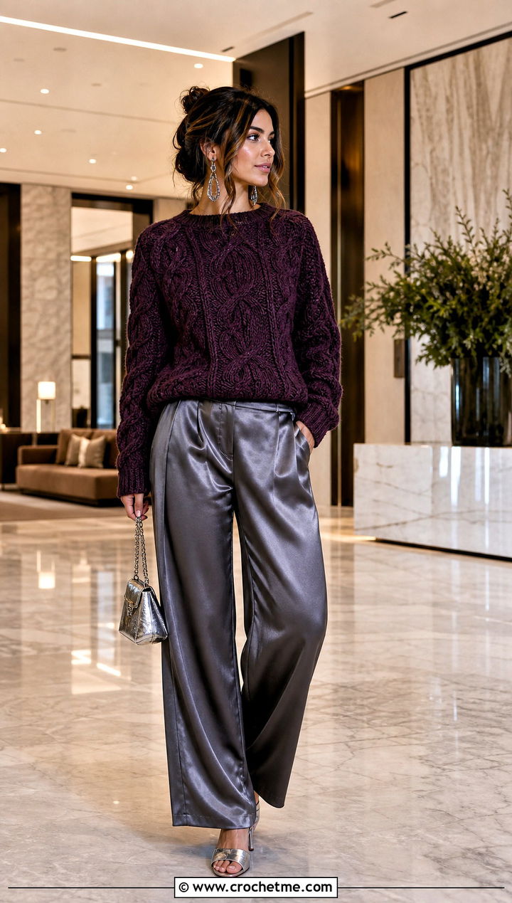 Cable Crochet Sweater With Satin Pants - 15 bright crochet sweater design outfit ideas