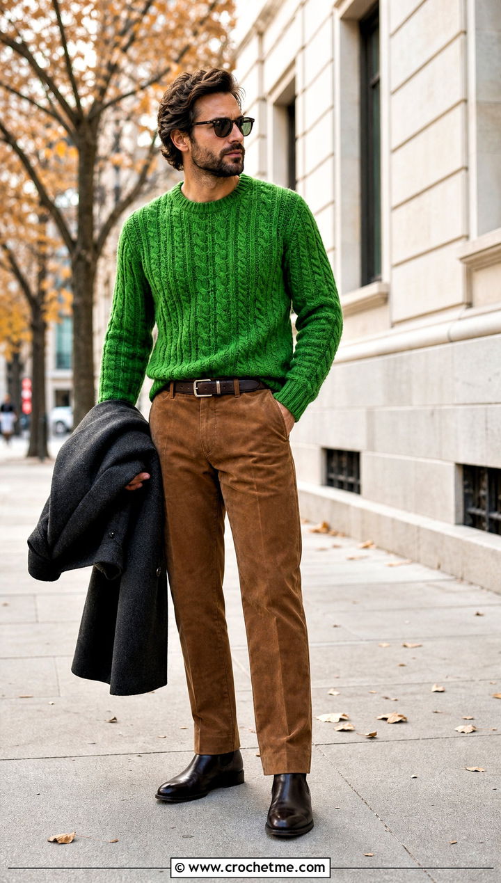 Cable Crochet Sweater With Suede Trousers - 25 Crochet Guys Clothes and outfit ideas