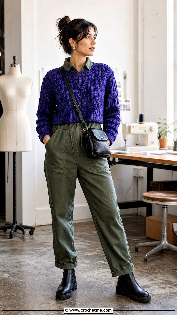Cable Crochet Sweater With Utility Jumpsuit - 35 cable crochet sweater outfit ideas