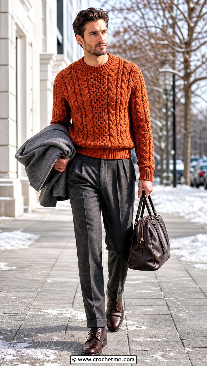 Cable Crochet Sweater With Wool Trousers - 35 crochet man sweaters outfit ideas