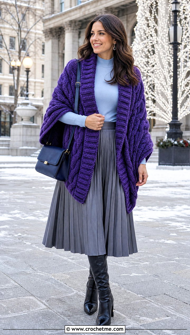 Cable Crochet Sweater Wrap With Pleated Skirt - 30 crochet sweater wrap outfit ideas