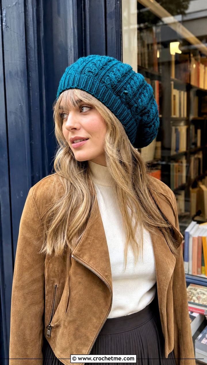 Cable Crochet Tam Hat With Maxi Skirt - 25 Cable Crochet Hat outfit ideas