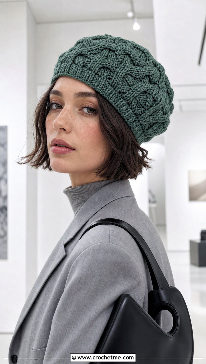Cable Crochet Tam With Monochrome Suit - 25 Cable Knit Crochet Hat outfit ideas