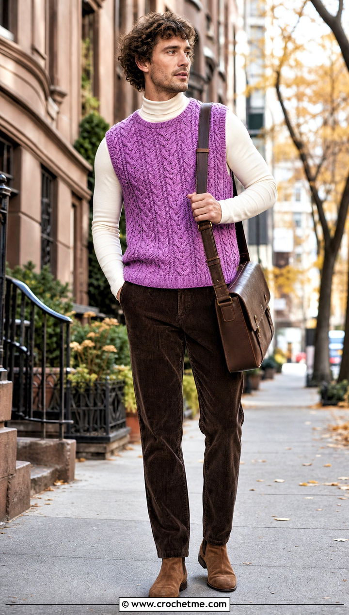 Cable Crochet Tank Top With Corduroy Pants - 30 Mens Crochet Tank Top outfit ideas