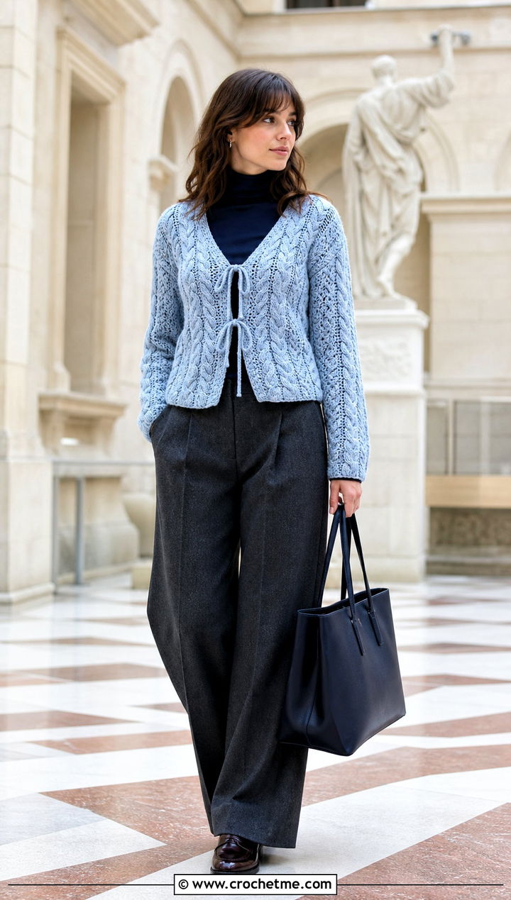Cable Crochet Tie Front Top With Wool Trousers - 25 long sleeve tie front crochet top outfit ideas