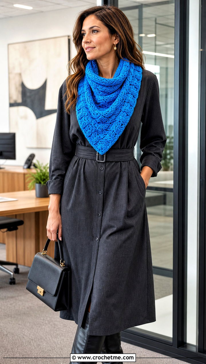 Cable Crochet Triangle Cowl With Shirt Dress - 30 crochet triangle cowl outfit ideas