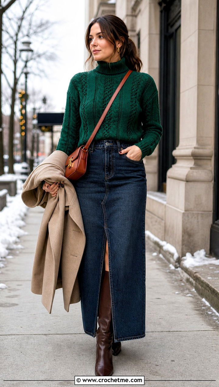 Cable Crochet Turtleneck Sweater With Denim Maxi Skirt - 25 Cable Knit Crochet Sweater outfit ideas