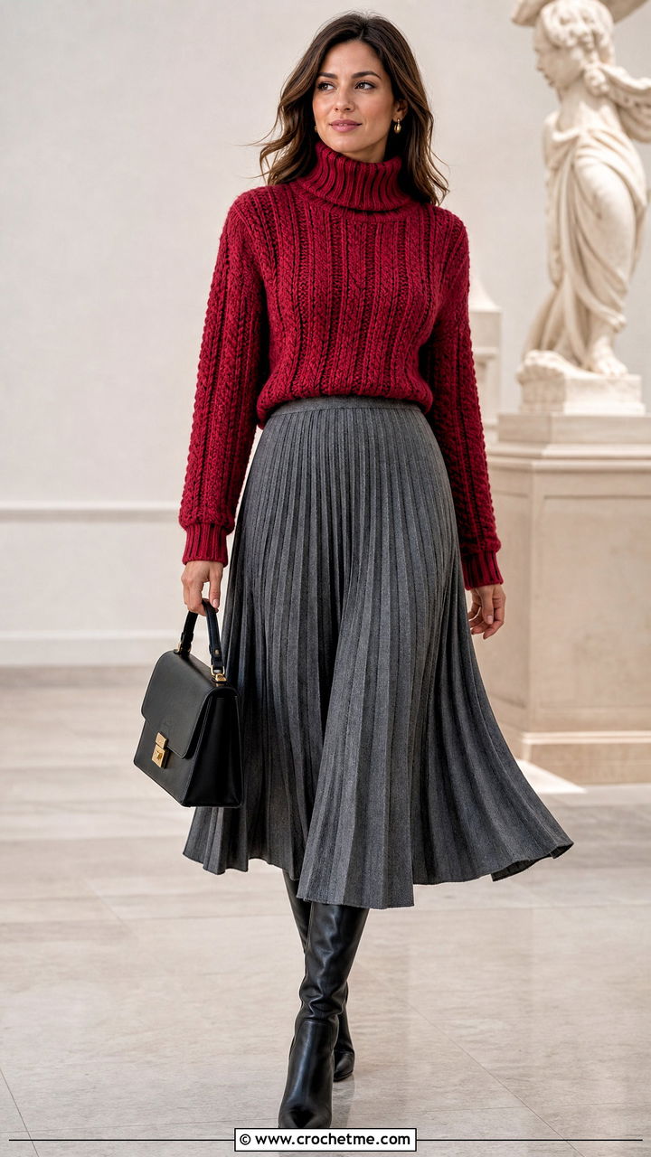 Cable Crochet Turtleneck Sweater With Pleated Midi Skirt - 35 cable crochet sweater outfit ideas