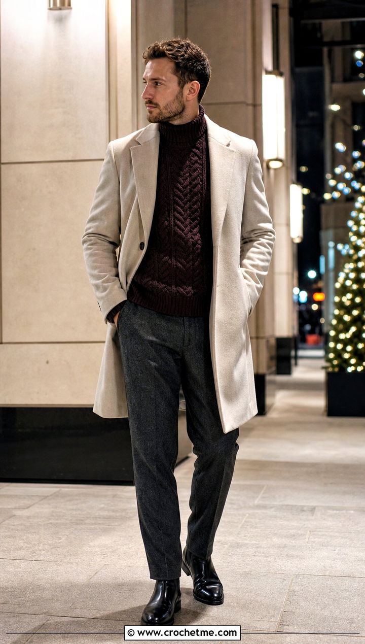 Cable Crochet Turtleneck Sweater With Wool Overcoat - 15 Mens Cable Crochet Sweater outfit ideas