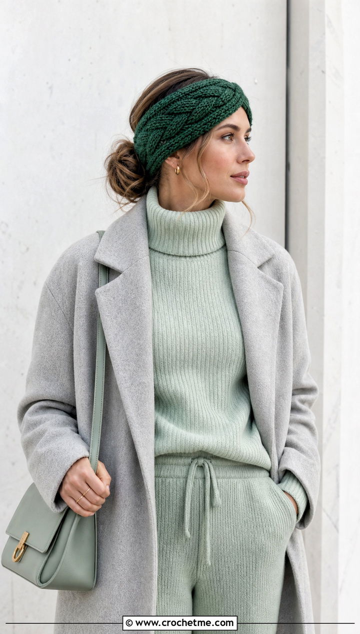 Cable Crochet Twist Ear Warmer With Monochrome Knits - 25 Crochet Twist Ear Warmer outfit ideas
