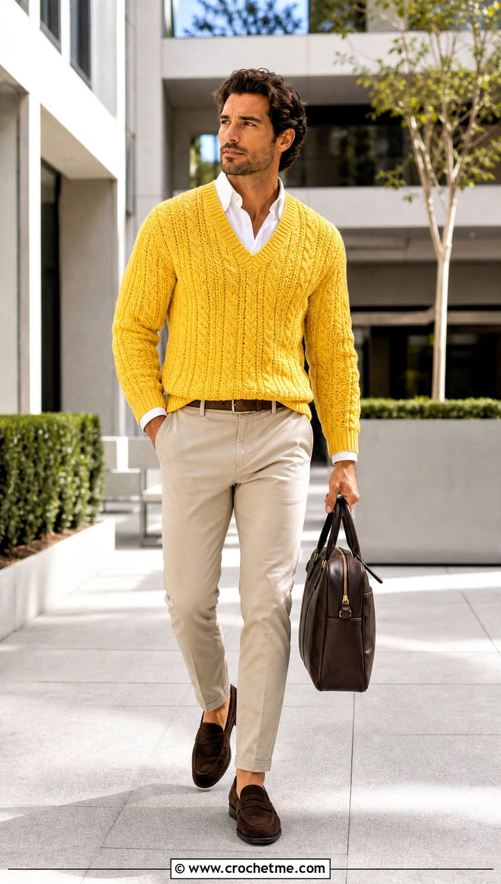 Cable Crochet V Neck Sweater With Oxford Shirt And Chinos - 15 Mens Cable Crochet Sweater outfit ideas