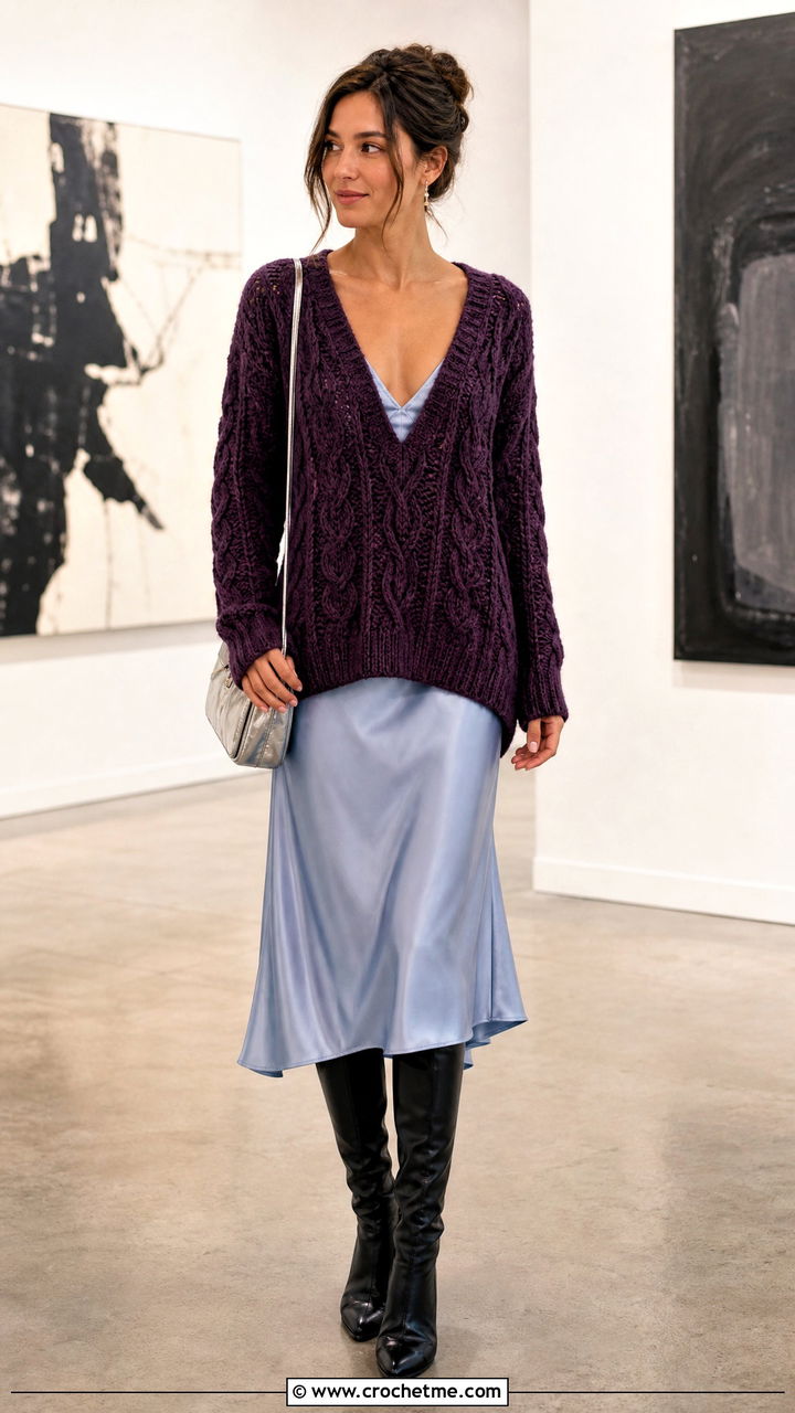 Cable Crochet V Neck Sweater With Slip Dress - 35 cable crochet sweater outfit ideas
