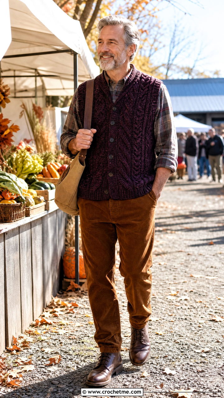 Cable Crochet Vest With Flannel Shirt And Corduroy Pants - 35 crochet vest for men outfit ideas