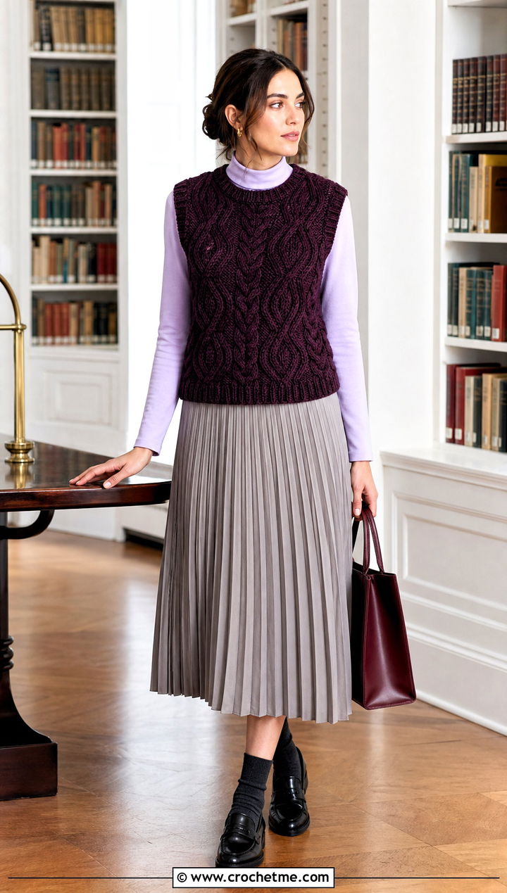 Cable Crochet Vest With Pleated Midi Skirt - 25 beginner crochet vest outfit ideas