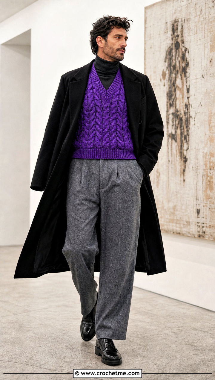Cable Crochet Vest With Turtleneck And Wool Trousers - 30 mens crochet vest outfit ideas