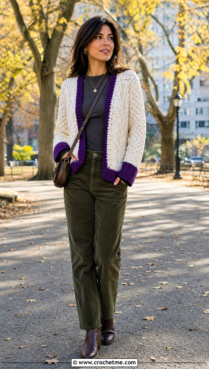 Cable Crochet White Cardigan With Corduroy Pants - 35 crochet white cardigan outfit ideas