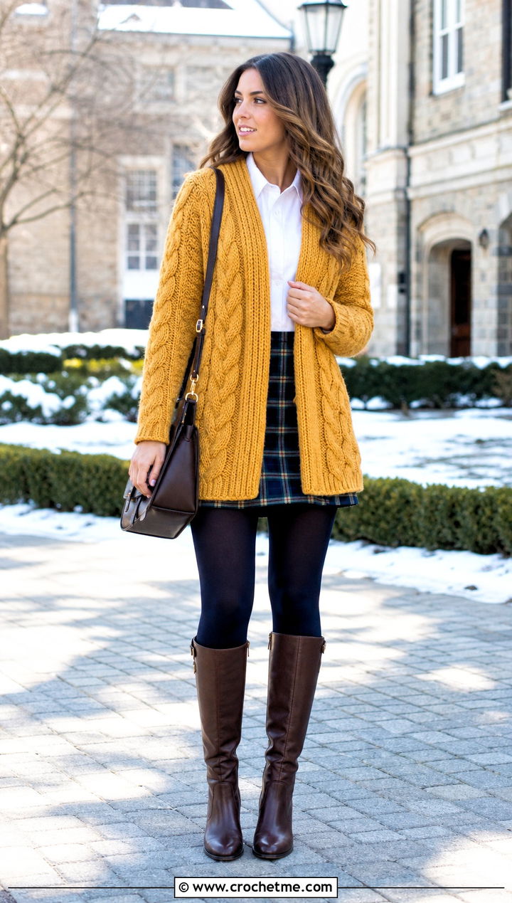 Cable Crochet Winter Cardigan With A Plaid Mini Skirt - 25 crochet winter cardigan outfit ideas