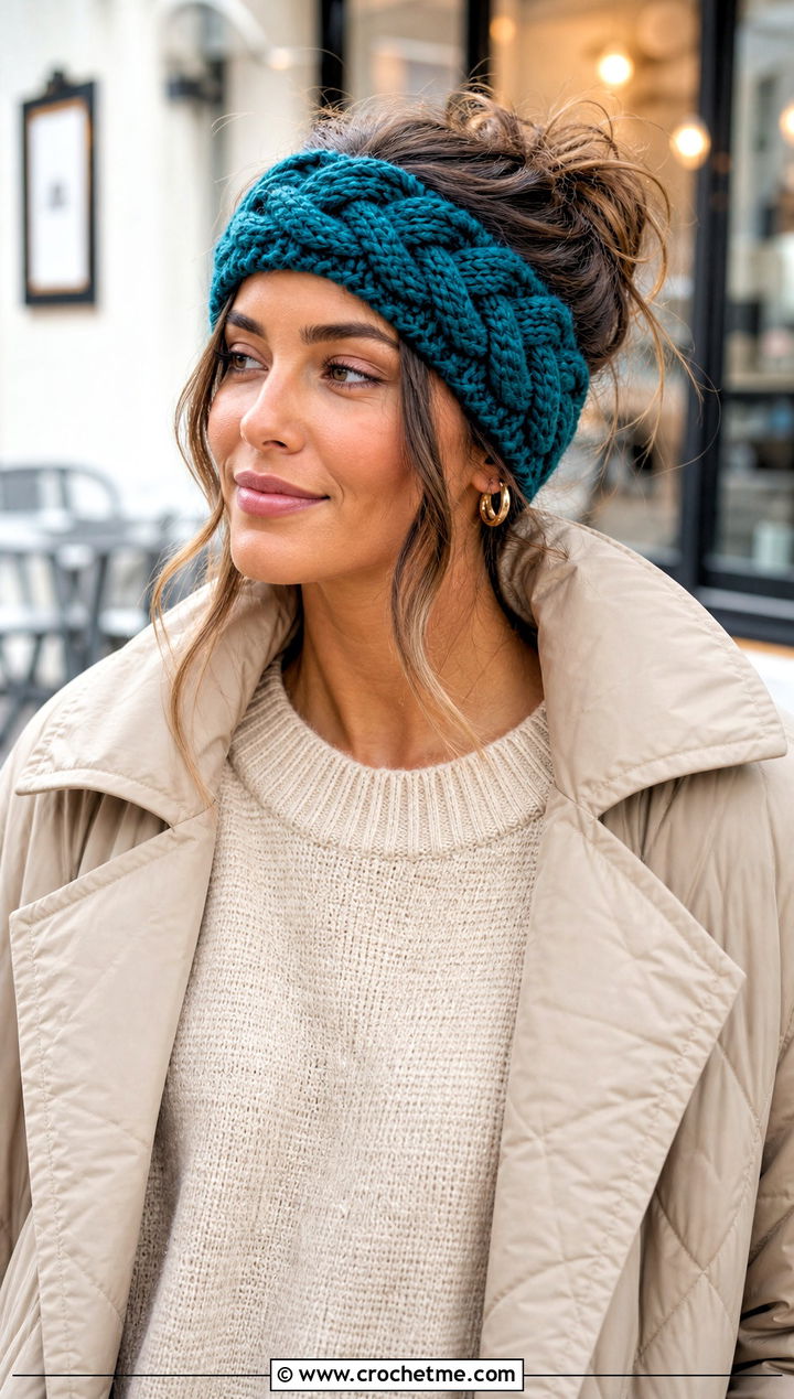 Cable Crochet Winter Headband With Sweater And Jeans - 15 crochet winter head band outfit ideas