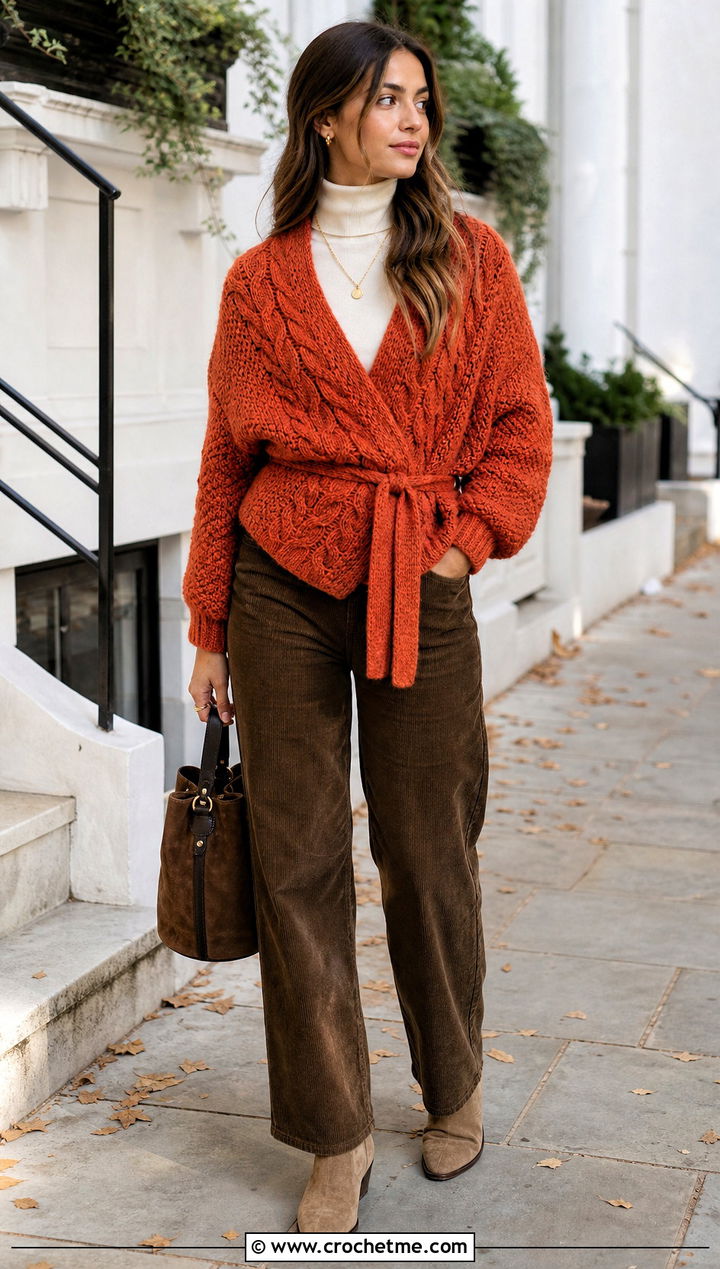 Cable Crochet Wrap Sweater With Corduroy Pants - 35 crochet wrap sweater outfit ideas