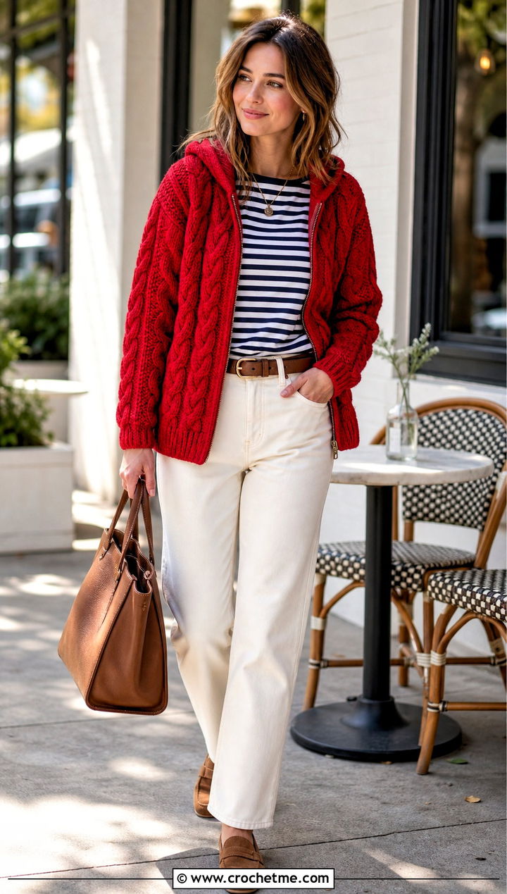 Cable Crochet Zip Up Hoodie With Ecru Jeans - 30 crochet zip up hoodie outfit ideas