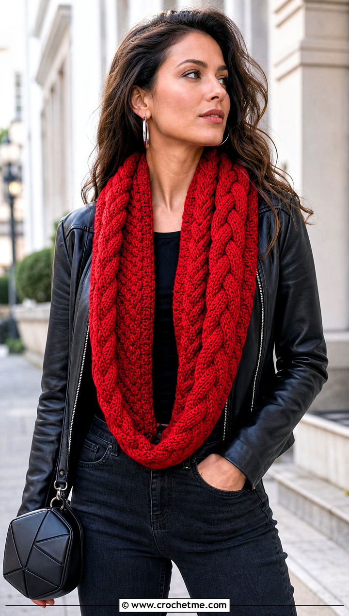 Cable Crocheted Infinity Scarf With Leather Jacket - 25 Crocheted Infinity Scarf outfit ideas