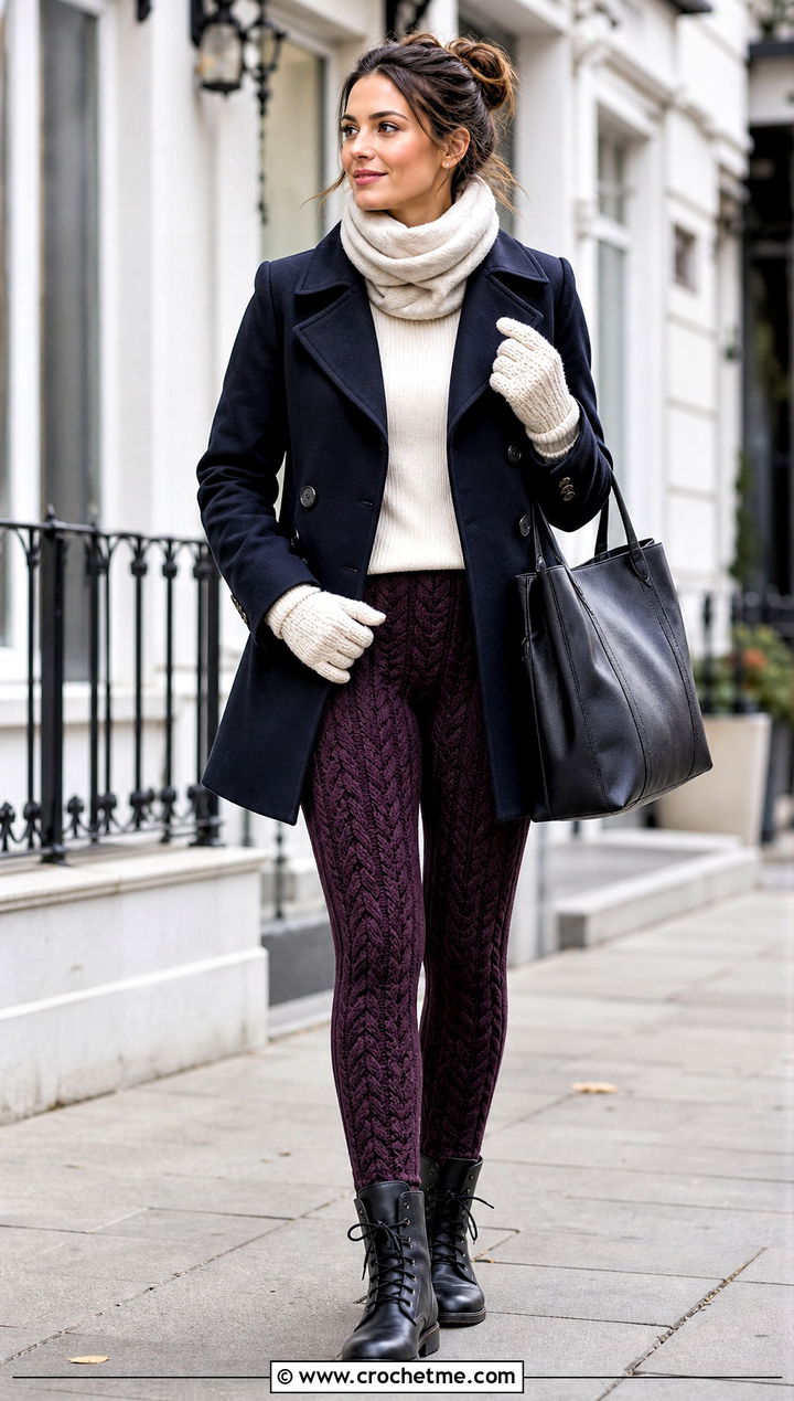 Cable Crocheted Leggings With Peacoat And Lace Up Boots - 20 Crocheted Leggings outfit ideas