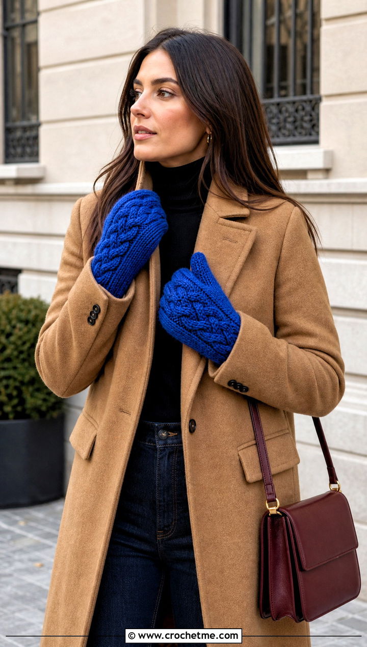 Cable Crocheted Mittens With Camel Coat - 30 Crocheted Mittens outfit ideas