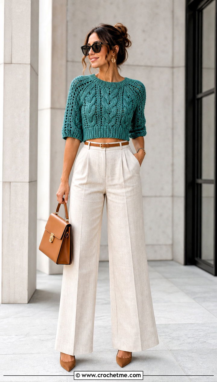 Cable Crop Raglan Crochet Top With Wide Leg Trousers - 35 raglan crochet top outfit ideas