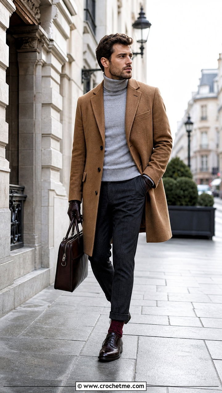Cable Cuff Crochet Socks With Wool Overcoat - 35 crochet socks for men outfit ideas
