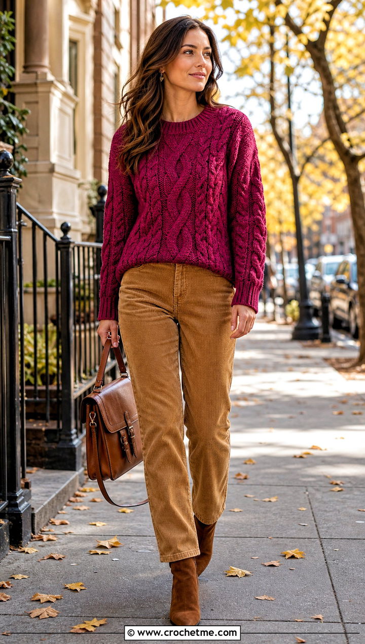 Cable Effect Crochet Sweater With Corduroy Pants - 35 crochet sweater women outfit ideas