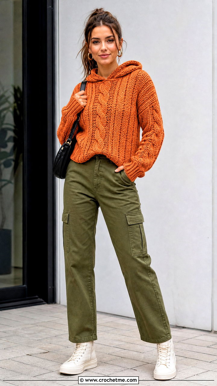 Cable Hoodie Sweater With Cargo Pants - 35 crochet cable sweater outfit ideas