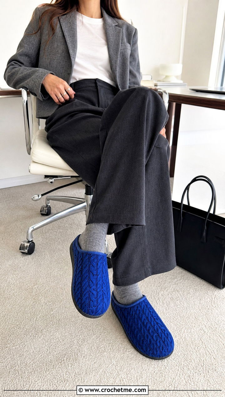 Cable Knit Clog Slippers With Wide Leg Trousers - 15 crochet-knit clog slippers outfit ideas