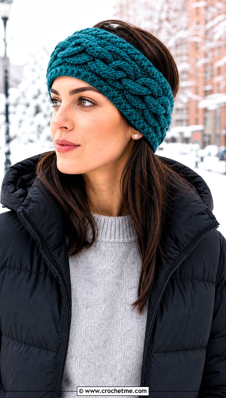 Cable Knit Headband With Puffer Jacket - 15 knit or crochet headbands outfit ideas