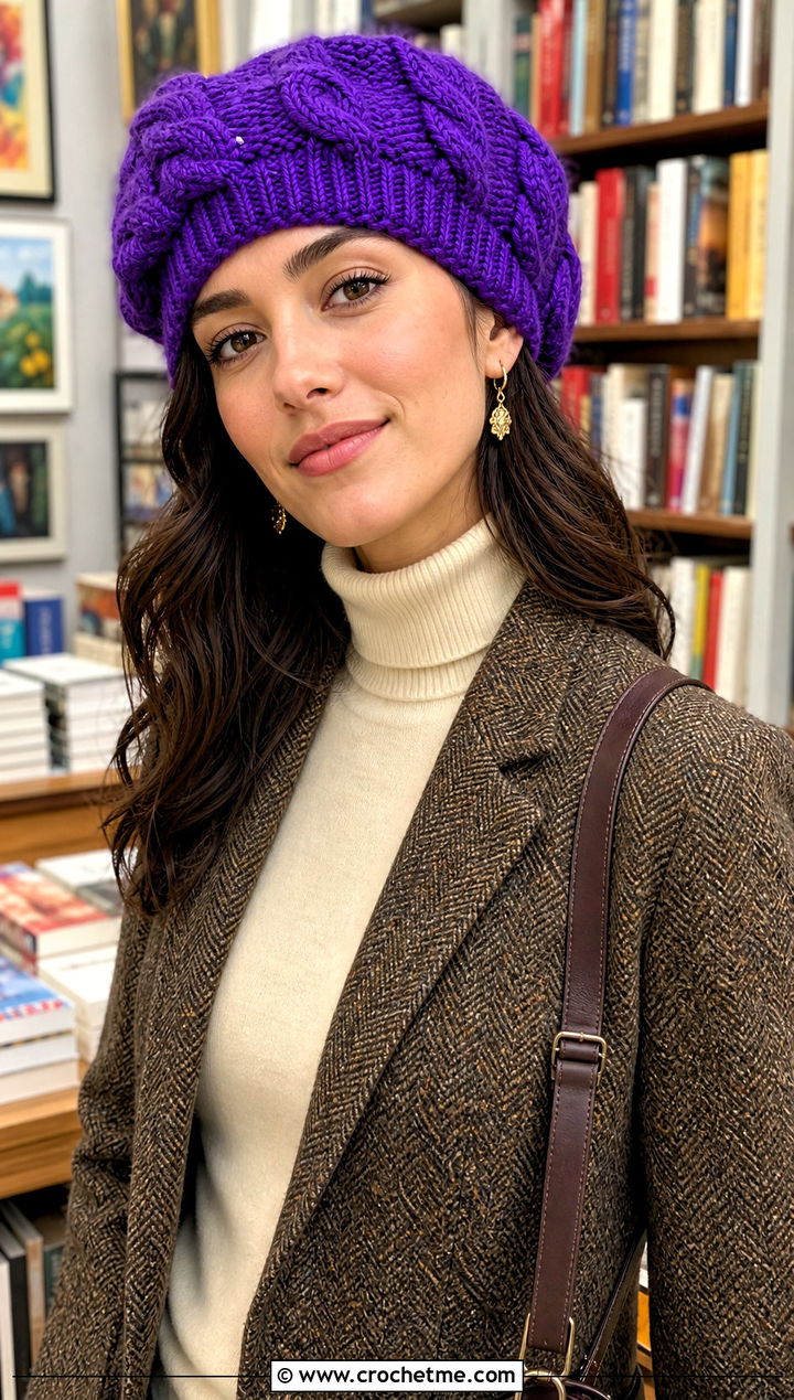 Cable Knit Look Crochet Beret With Tweed Blazer - 25 Knit Look Crochet Hat outfit ideas